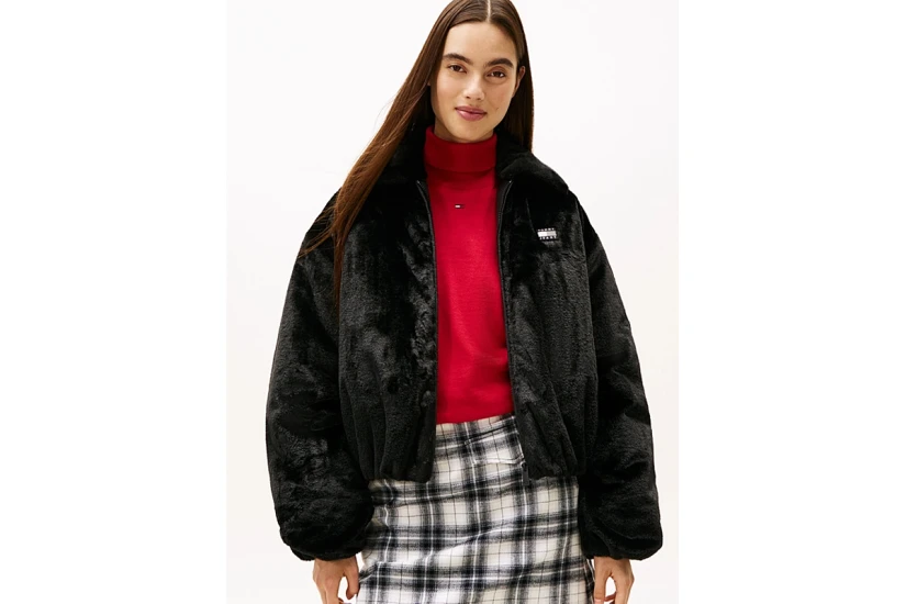Tommy Jeans Badge Faux Fur Bomber Γυναικεία Συνθετική Γούνα Μαύρη