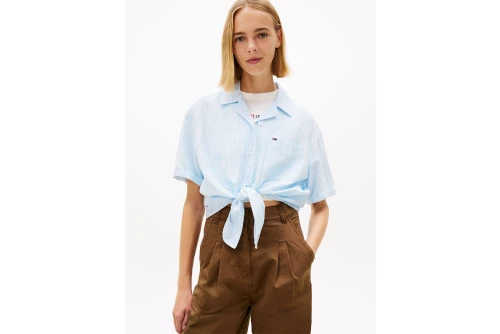 Tommy Jeans Linen Blend Tie Front Πουκάμισο Κοντομάνικο Γυναικείο (DW0DW22210 0A6)