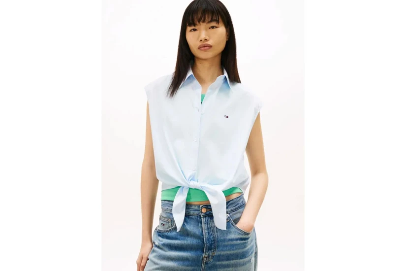 Tommy Jeans Relaxed Fit Tie Front Γυναικείο Αμάνικο Πουκάμισο Γαλάζιο