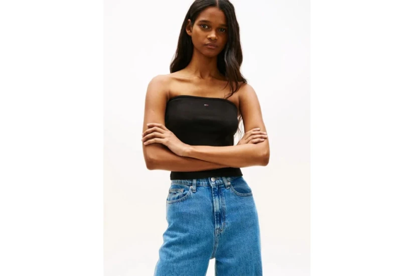 Tommy Jeans Slim Bandeau Rib Γυναικείο Αμάνικο Top Μαύρο