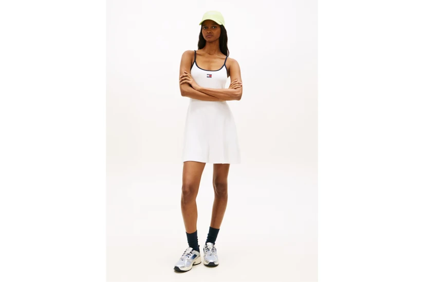 Tommy Jeans Badge Strap Mini Skater Γυναικείο Φόρεμα Mini Εκρού