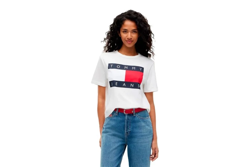Tommy Jeans Boxy Flag Γυναικείο Κοντομάνικο T-Shirt Εκρού, Κόκκινο, Μπλε Σκούρο