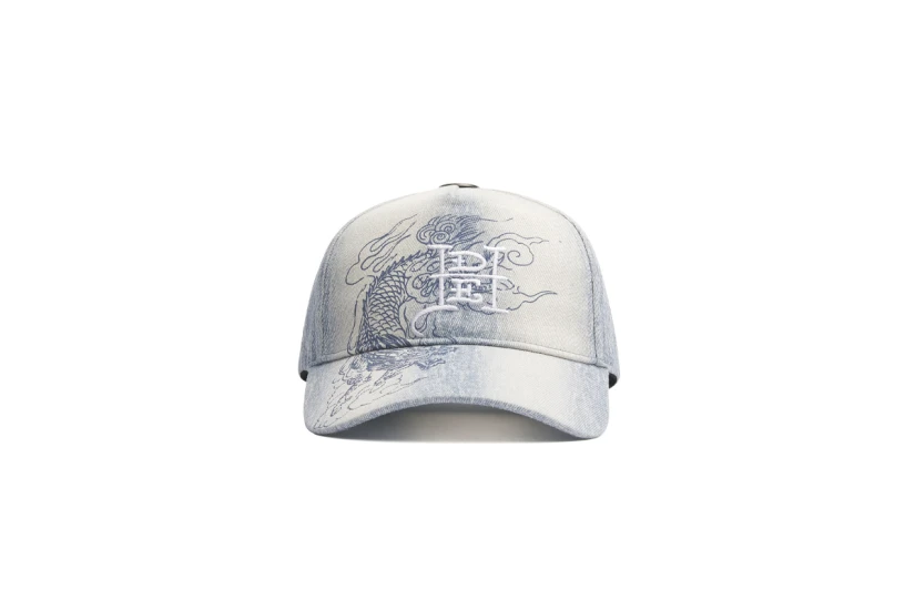 Ed Hardy Crawling Dragon Washed Denim 5 Panel Καπέλο Snapback Γαλάζιο, Λευκό