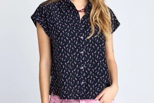 Funky Buddha Floral Πουκάμισο Κοντομάνικο Γυναικείο (FBL013-105-05-NAVY)