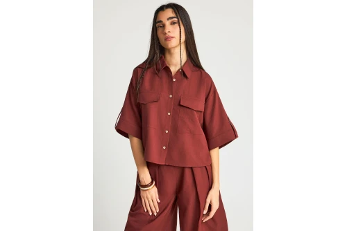 Funky Buddha Casual Πουκάμισο Κοντομάνικο Γυναικείο (FBL013-112-05-HENNA-BROWN)