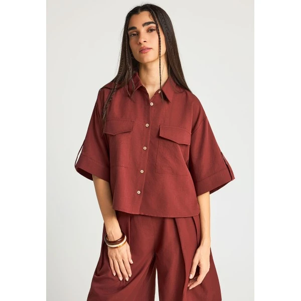 Funky Buddha Casual Πουκάμισο Κοντομάνικο Γυναικείο (FBL013-112-05-HENNA-BROWN)