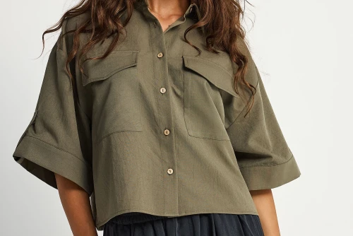 Funky Buddha Casual Πουκάμισο Κοντομάνικο Γυναικείο (FBL013-112-05-KHAKI)