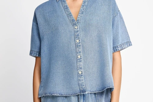 Funky Buddha Lyocell Πουκάμισο Κοντομάνικο Γυναικείο (FBL013-120-05-LT-BLUE)