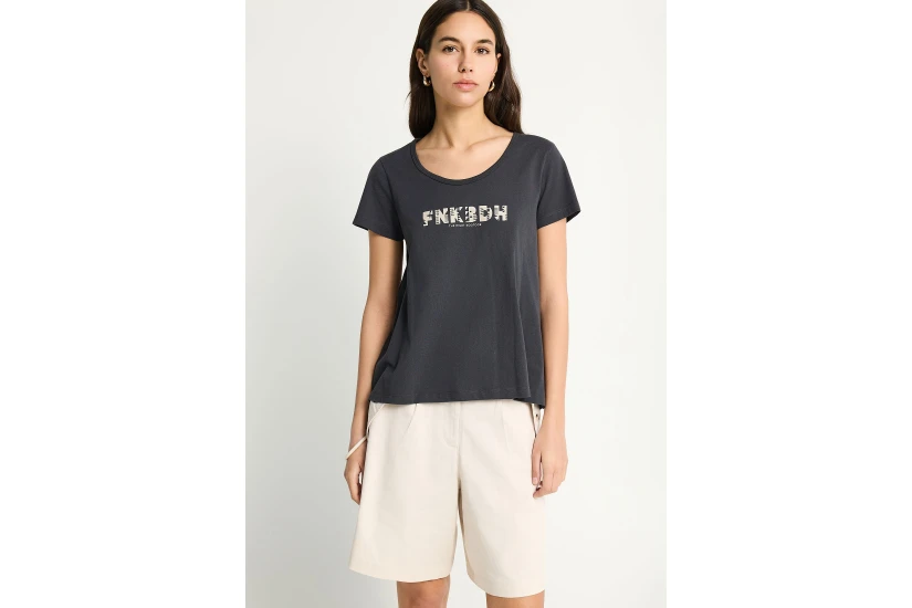 Funky Buddha Organic Cotton Printed Γυναικείο Κοντομάνικο T-Shirt Ανθρακί