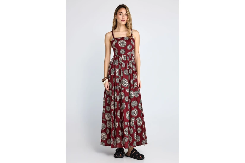 Funky Buddha Printed Cotton Γυναικείο Φόρεμα Maxi Μπορντό, Εκρού, Μαύρο