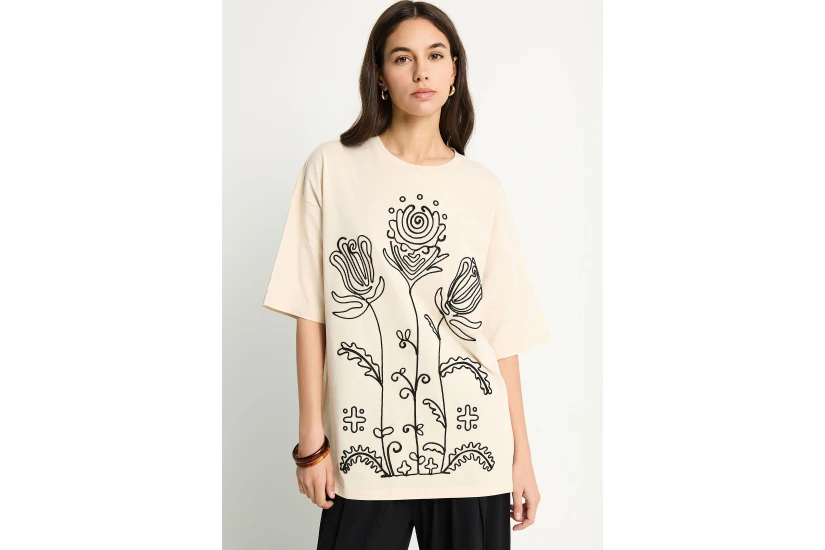 Funky Buddha Γυναικείο Κοντομάνικο T-Shirt Μπεζ, Μαύρο