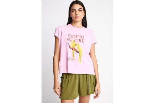 Funky Buddha Printed Cotton Loose T-Shirt Γυναικείο (FBL013-135-04-CANDY-PINK)