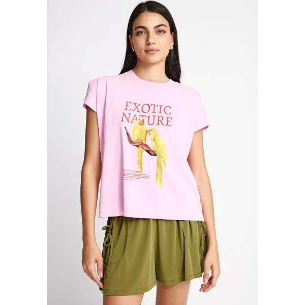 Funky Buddha Printed Cotton Loose T-Shirt Γυναικείο (FBL013-135-04-CANDY-PINK)