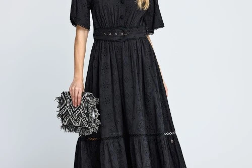Funky Buddha Embroidered Relaxed-Fit Cotton Φόρεμα Midi Γυναικείο (FBL013-135-13-BLACK)