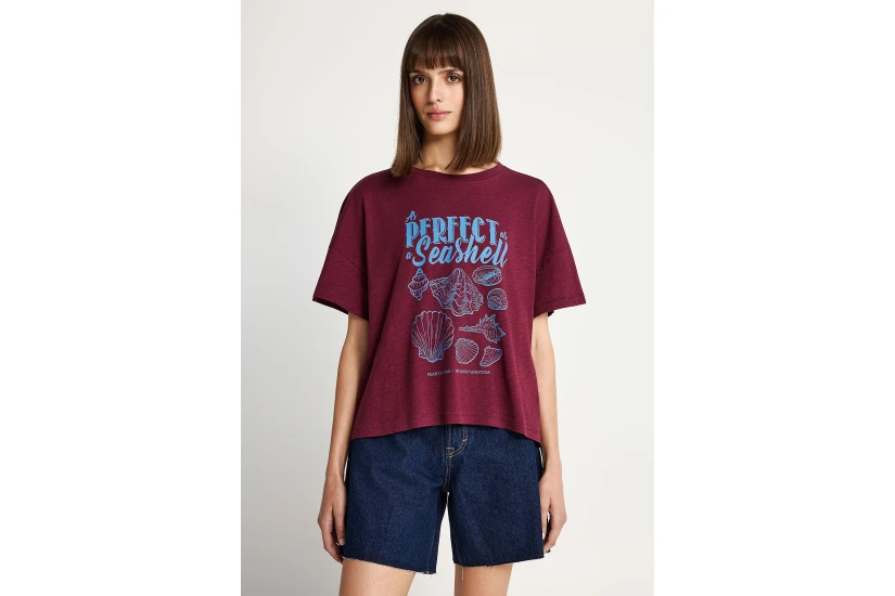 Funky Buddha Print Γυναικείο Κοντομάνικο T-Shirt Μπορντό, Μπλε