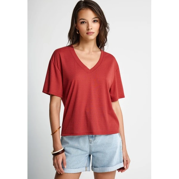 Funky Buddha Rib V-Neck T-Shirt Γυναικείο (FBL013-167-04-HENNA-BROWN)