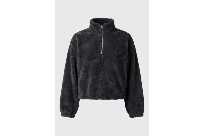 Funky Buddha Fleece Γυναικεία Μακρυμάνικη Cropped Μπλούζα με Φερμουάρ Ανθρακί