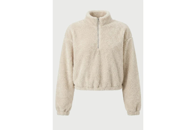 Funky Buddha Fleece Γυναικεία Μακρυμάνικη Cropped Μπλούζα με Φερμουάρ Μπεζ