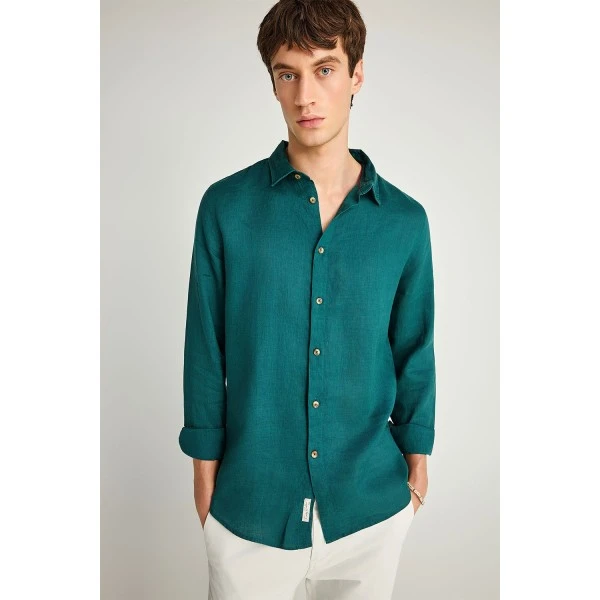 Funky Buddha The Essentials Linen Πουκάμισο Μακρυμάνικο Ανδρικό (FBM013-001-05-EMERALD)