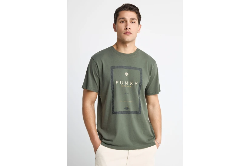 Funky Buddha Ανδρικό Κοντομάνικο T-Shirt Χακί, Εκρού, Κίτρινο
