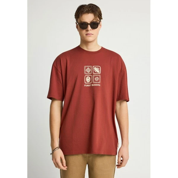 Funky Buddha Print On The Back Oversized T-Shirt Ανδρικό (FBM013-055-04-HENNA-BROWN)