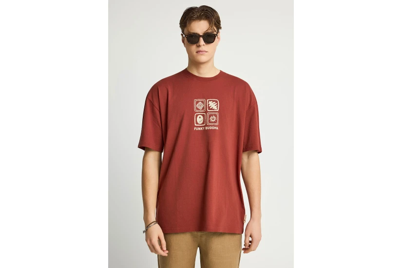Funky Buddha Ανδρικό Κοντομάνικο T-Shirt Κεραμιδί, Μπεζ