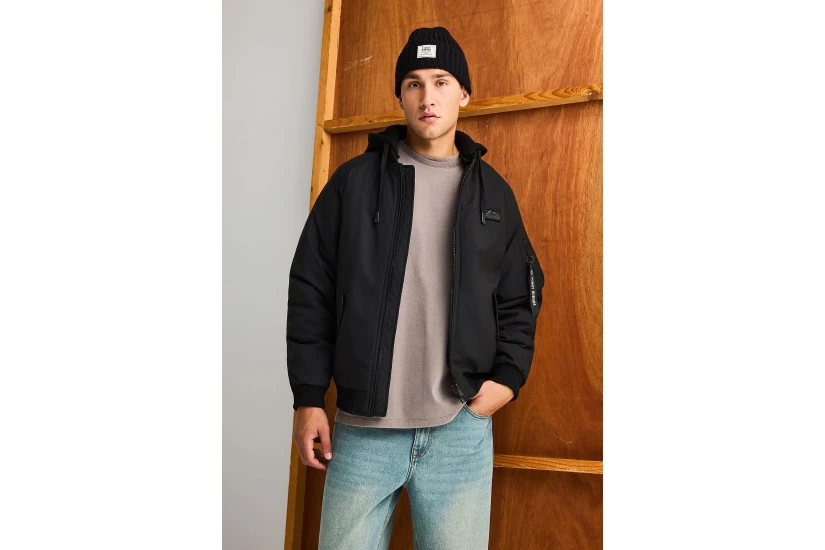 Funky Buddha Ανδρικό Μπουφάν Bomber με Κουκούλα Μαύρο