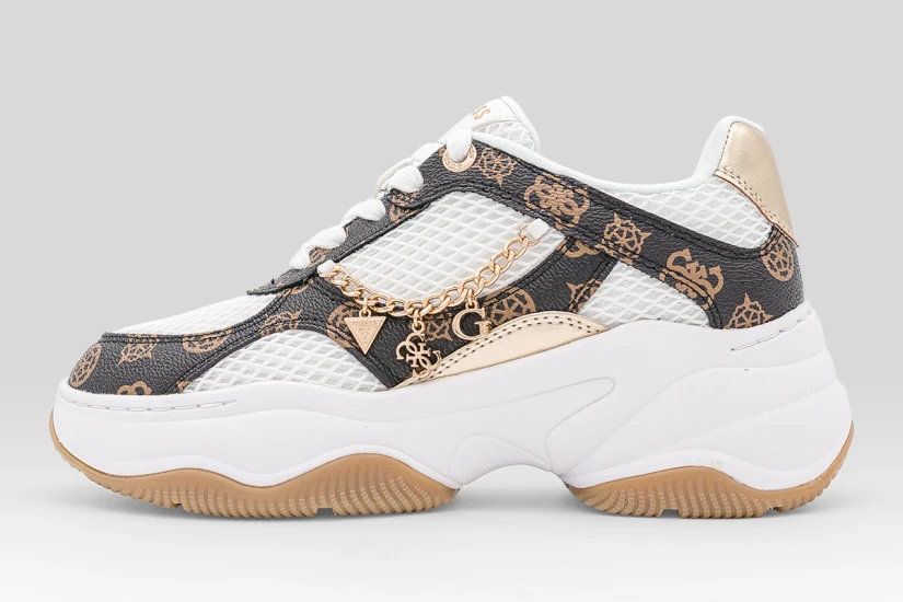 Guess Harpaa Logo Chain Γυναικεία Sneakers Λευκά, Καφέ, Χρυσά