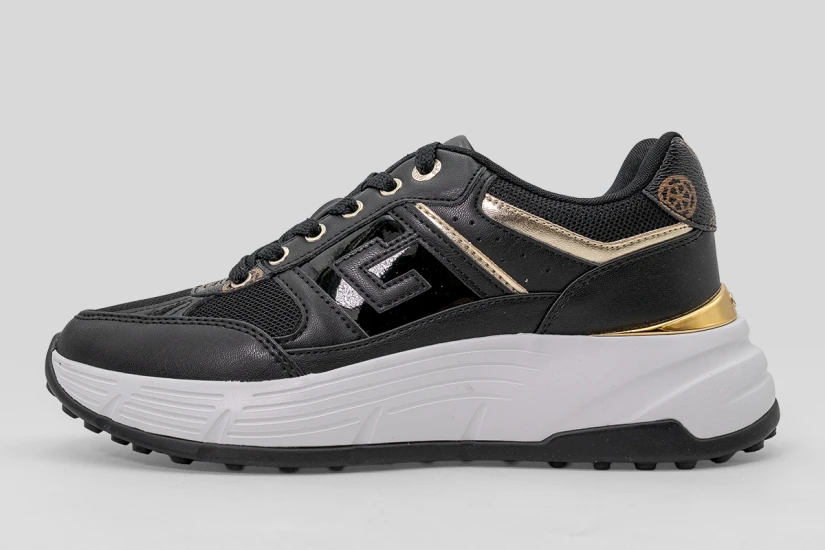 Guess Fonzi Laminated-Insert Γυναικεία Sneakers Μαύρα, Λευκά, Χρυσά