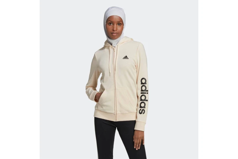Adidas Linear French Terry Γυναικεία Ζακέτα με Κουκούλα Εκρού