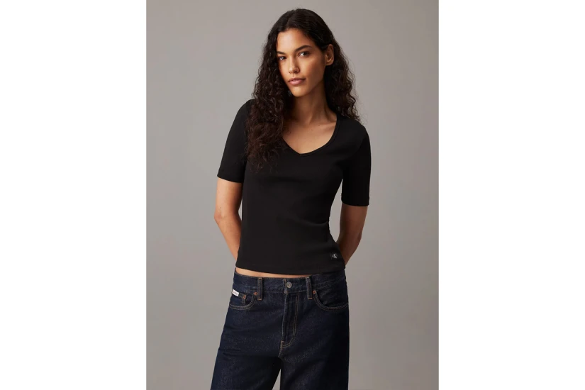 Calvin Klein Slim Ribbed V-Neck Γυναικείο Κοντομάνικο T-Shirt