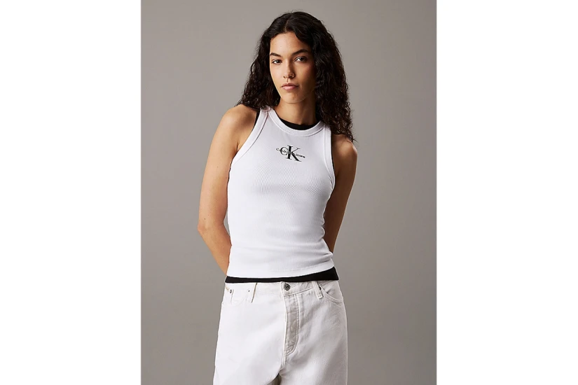 Calvin Klein Slim Ribbed Monogram Γυναικεία Αμάνικη Μπλούζα Λευκή