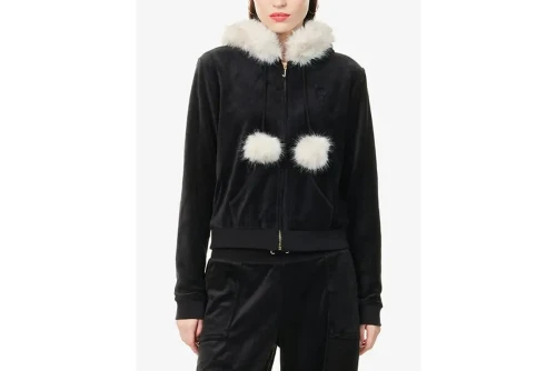 Juicy Couture Pom Pom Faux Fur Bamboo Ζακέτα Βελουτέ Γυναικεία (JCGAS225007 101)