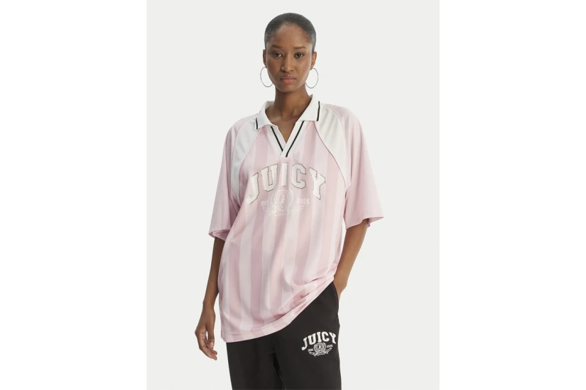 Juicy Couture Football Γυναικείο Κοντομάνικο Polo Ροζ, Λευκό