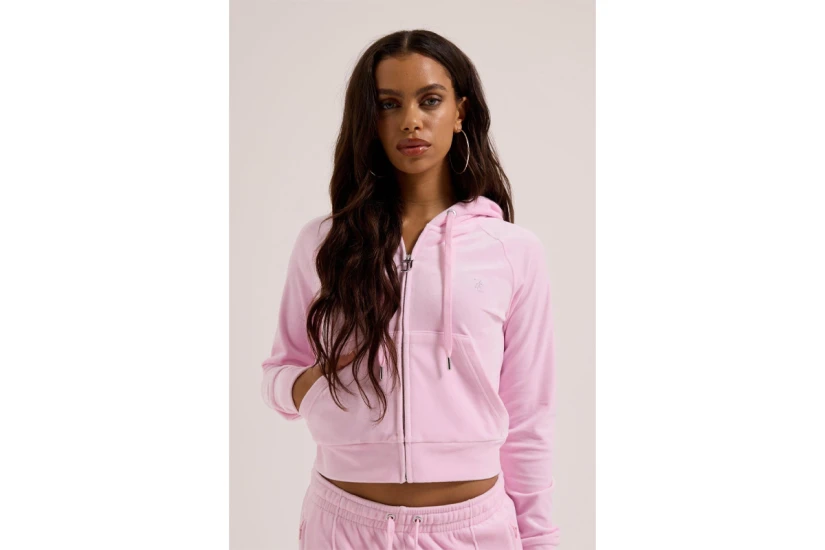 Juicy Couture Madison Diamante Γυναικεία Ζακέτα με Κουκούλα Βελουτέ Ροζ