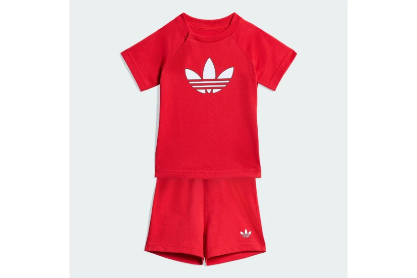 Adidas Originals Trefoil Loose Logo Βρεφικό Σετ Κοντομάνικη Μπλούζα - Σορτς Κόκκινο