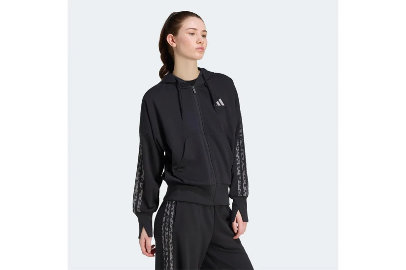 Adidas Performance Essentials Animal Print 3-Stripes Γυναικεία Βαμβακερή Ζακέτα με Κουκούλα Μαύρη