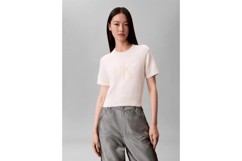 Calvin KleinMonologo Γυναικείο Κοντομάνικο Cropped Πουλόβερ Λευκό