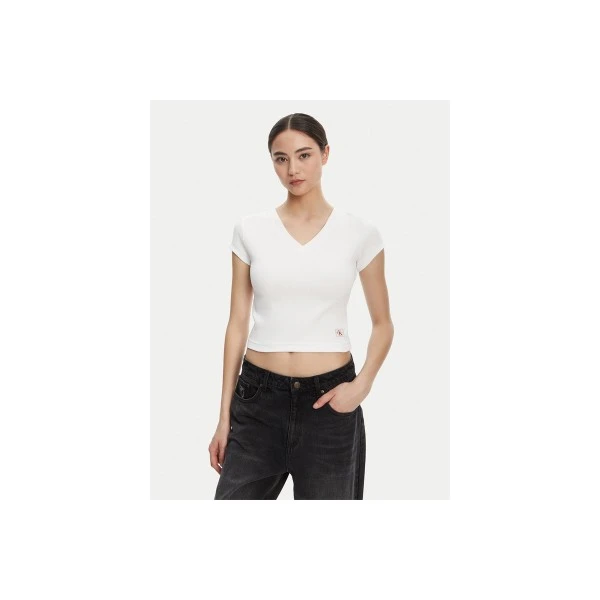 Calvin Klein Ribbed Cotton V-Neck T-Shirt Γυναικείο (LV047C910G YAF)