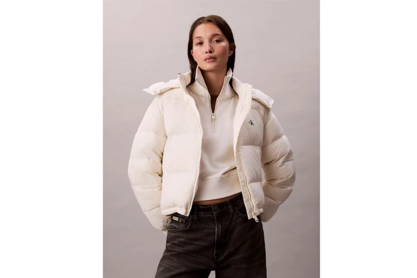 Calvin Klein Short Down Γυναικείο Μπουφάν Puffer με Κουκούλα Εκρού