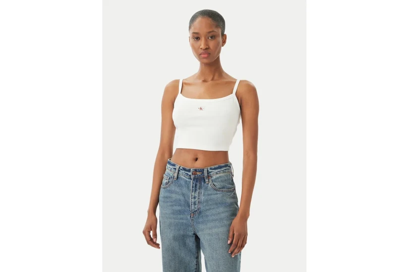 Calvin Klein Ribbed Cotton Cami Γυναικείο Αμάνικο Crop Top Λευκό