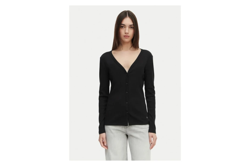 Calvin Klein Woven Label Baby Rib Γυναικεία Βαμβακερή Ζακέτα Μαύρη