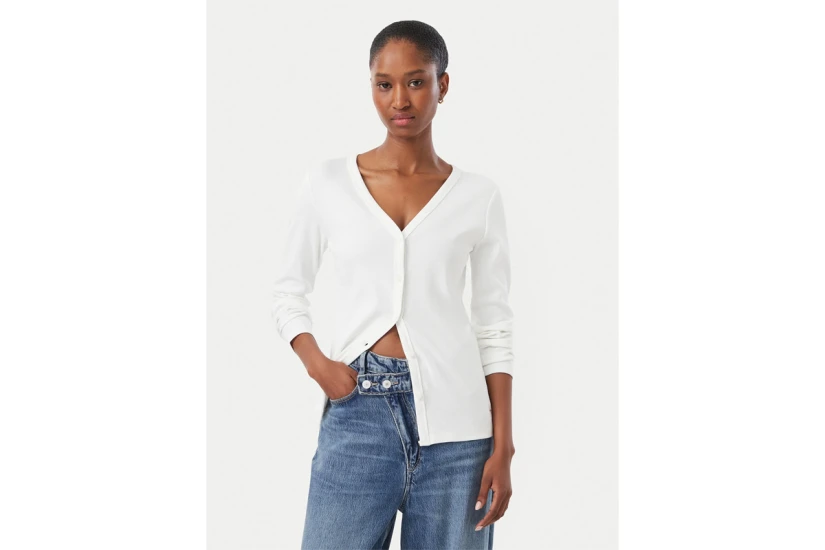 Calvin Klein Woven Label Baby Rib Γυναικεία Βαμβακερή Ζακέτα Λευκή