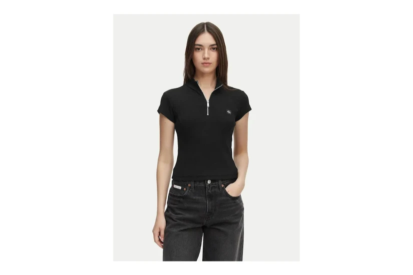 Calvin Klein Monologo Patch Rib Zip Γυναικείο Κοντομάνικο T-Shirt Μαύρο