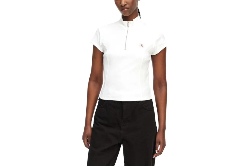 Calvin Klein Monologo Patch Rib Zip Γυναικείο Κοντομάνικο Top Λευκό