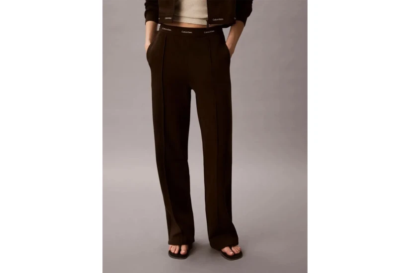 Calvin Klein Logo Waistband Wide Leg Γυναικείο Παντελόνι Φόρμας Καφέ