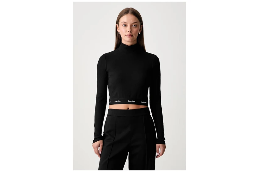 Calvin Klein Baby Rib Crop Logo Γυναικεία Μακρυμάνικη Μπλούζα με Ψηλό Λαιμό Μαύρη