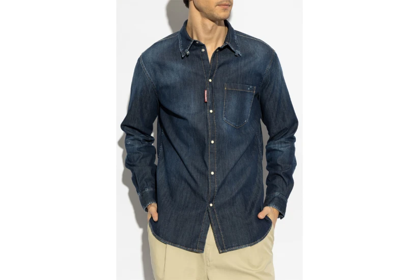 Dsquared2 Dark Wash Tab Ανδρικό Μακρυμάνικο Πουκάμισο Μπλε Σκούρο