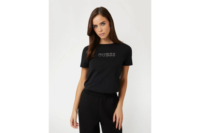 Guess Rhinestones Logo Γυναικείο Κοντομάνικο T-Shirt Μαύρο