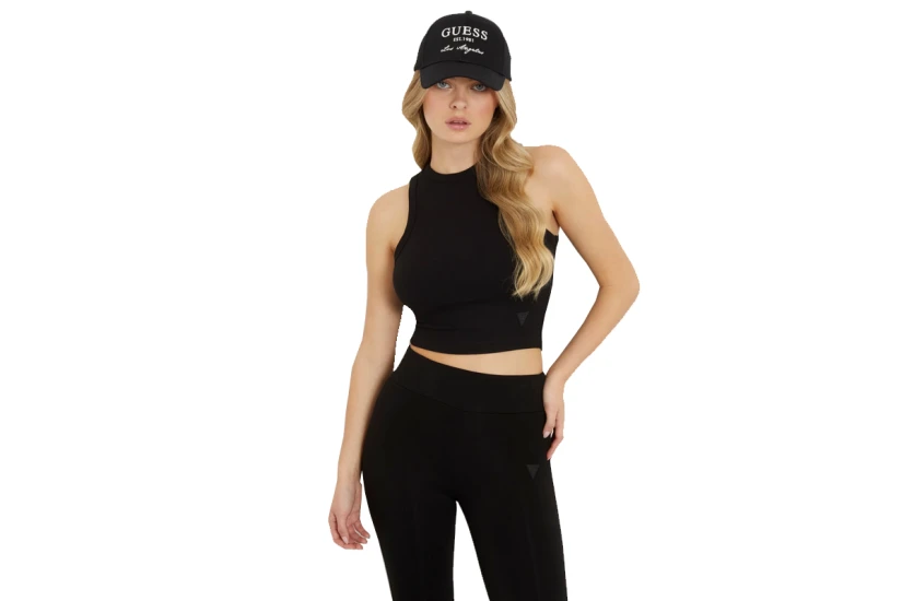 Guess Rib Knit Γυναικείο Αμάνικο Crop Top Μαύρο